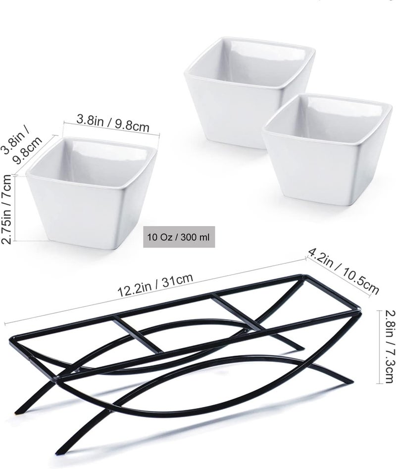 UNICASA Square Ramekin Bowls 10 oz, Condiment Serving Tray with Metal Rack Stand - Chips and Dips Snack Tray for Party - White Side Dish for Appetizer, Fruit, Nuts, Ice Cream, Candy - Image 2
